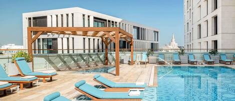 Outdoor pool, open 6:00 AM to 9:00 PM, pool umbrellas, sun loungers