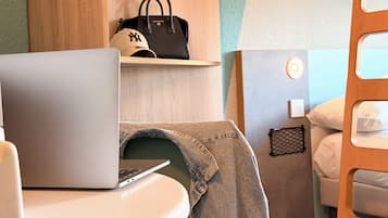 Desk, blackout drapes, soundproofing, iron/ironing board