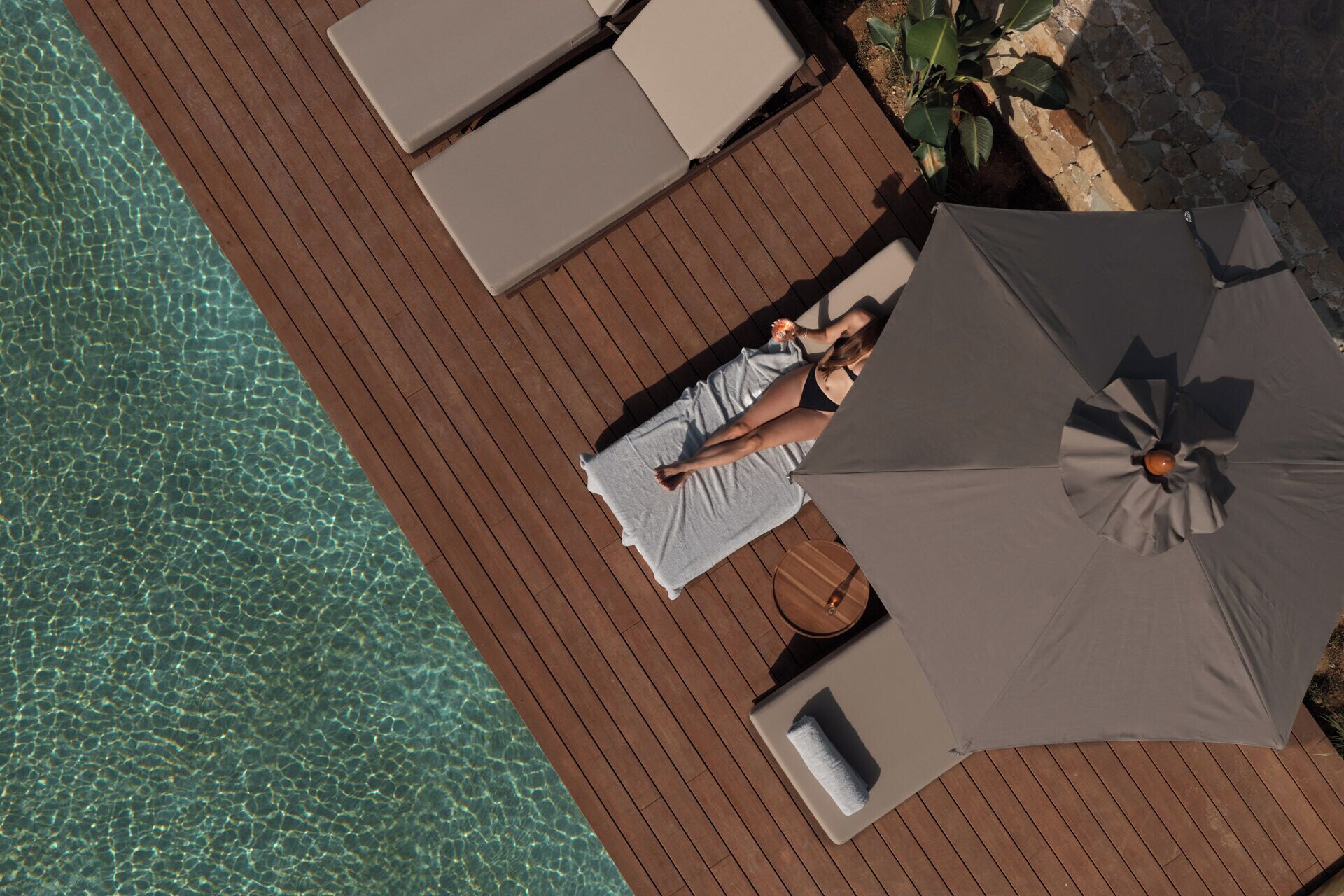 Seasonal outdoor pool, pool umbrellas, pool loungers