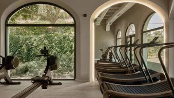 A gym with treadmills and exercise equipment, large arched windows, and a view of greenery outside.