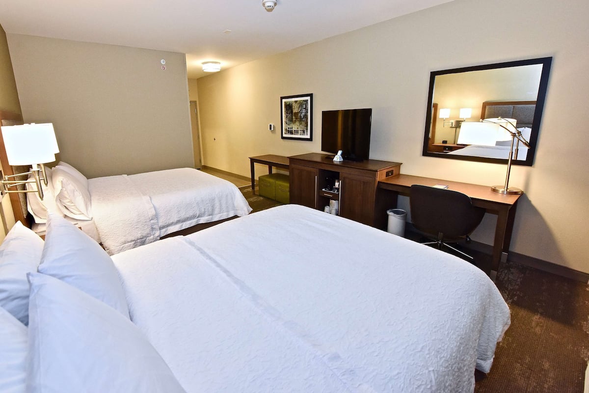 A hotel room with two beds, a desk, a chair, a lamp, a trash can, and a framed picture on the wall.