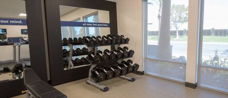 Un gimnasio con una banca, mancuernas y un espejo.