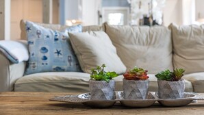 A living room with a beige sofa, three potted plants on a tray, and a blue patterned pillow. - Modern Condo in Historic Marblehead, Walk everywhere, Parking, A/C, Deck & Grill (Marblehead)