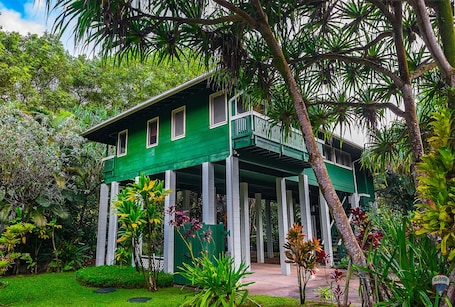 A green house with a balcony, surrounded by lush tropical vegetation.