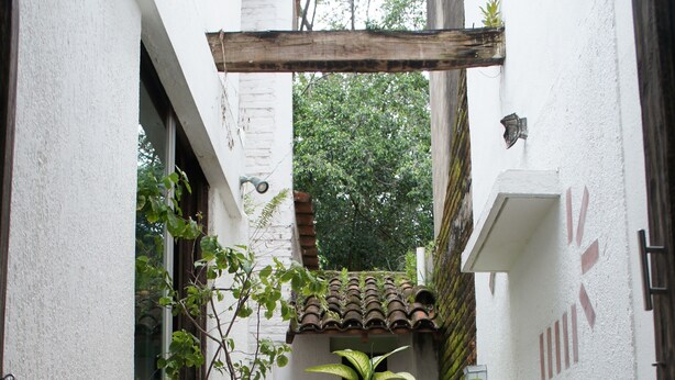 Una silla colgante de madera rústica con cojín, rodeada de plantas en macetas y un suelo de baldosas.