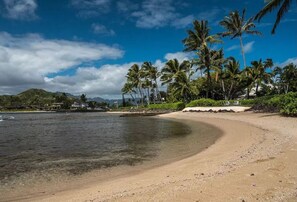 Una playa con agua cristalina, palmeras y una cadena montañosa a lo lejos.