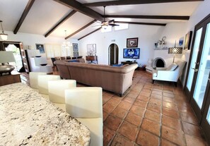 Smart TV, fireplace, books, music library