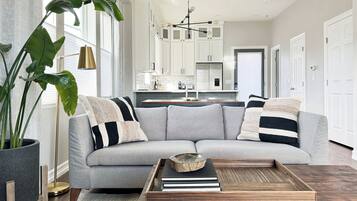 Smart TV, fireplace, books, music library