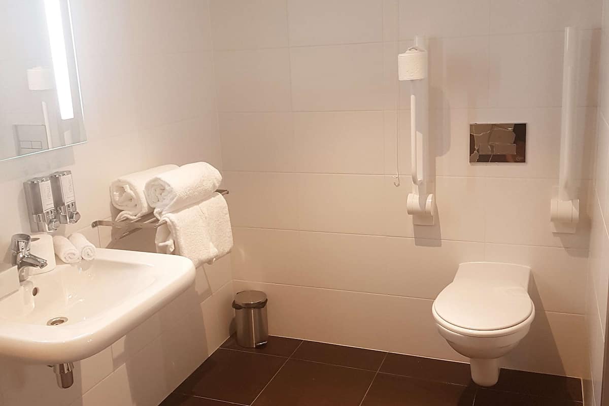 room, 1 king bed, accessible | bathroom | shower, free toiletries, hair dryer, towels