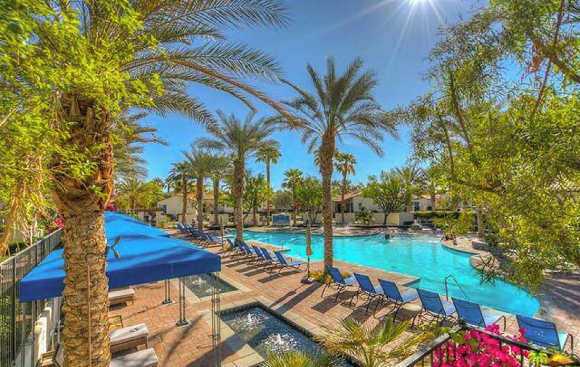 A resort pool area with lounge chairs and palm trees.