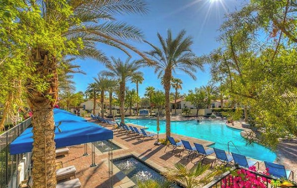 A resort pool area with lounge chairs and palm trees.
