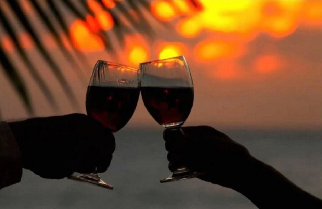 Two hands holding wine glasses against a sunset background.