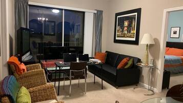 Flat-screen TV, video-game console, DVD player, books