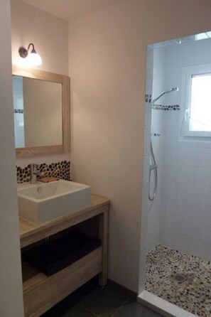 Regadera, secadora de cabello, papel de baño