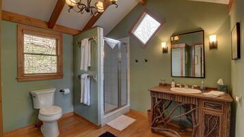 Combined shower/tub, hair dryer, towels, toilet paper