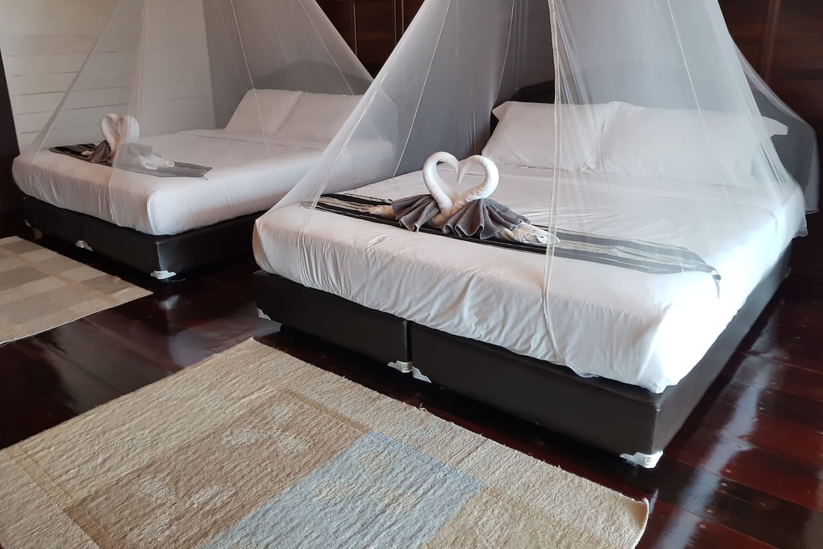 Two beds with white linens and a canopy, a wooden floor, and a beige and light blue striped rug.