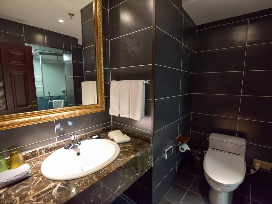 A modern bathroom with a marble sink, a large mirror, and a toilet.