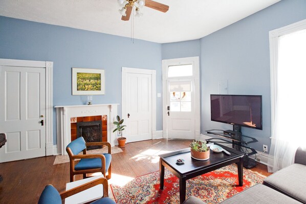 Smart TV, fireplace, DVD player, books