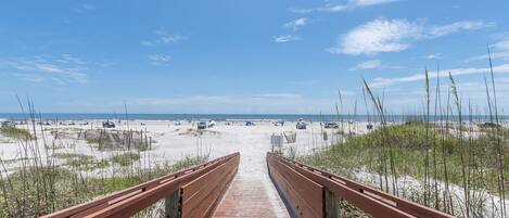 On the beach, sun-loungers, beach towels