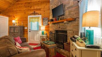 A cozy living room with a fireplace, wooden walls, a television mounted above it, and a comfortable sofa.