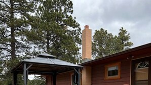 A rustic cabin with a covered patio, outdoor seating, and a chimney. - Tin Mill Cottage on a quiet wooded lot, walking distance to downtown! (Hill City)