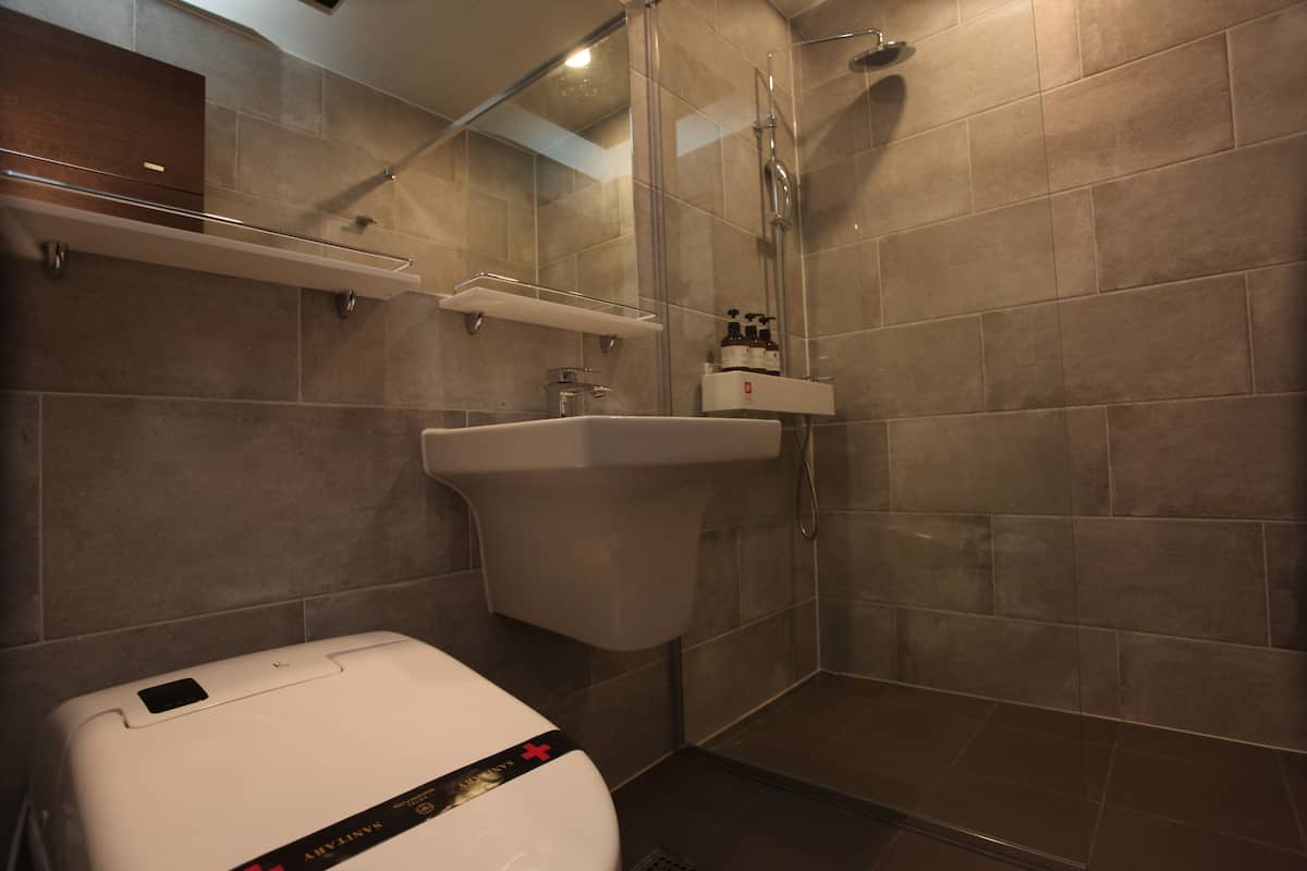 shower, rainfall showerhead, free toiletries, hair dryer