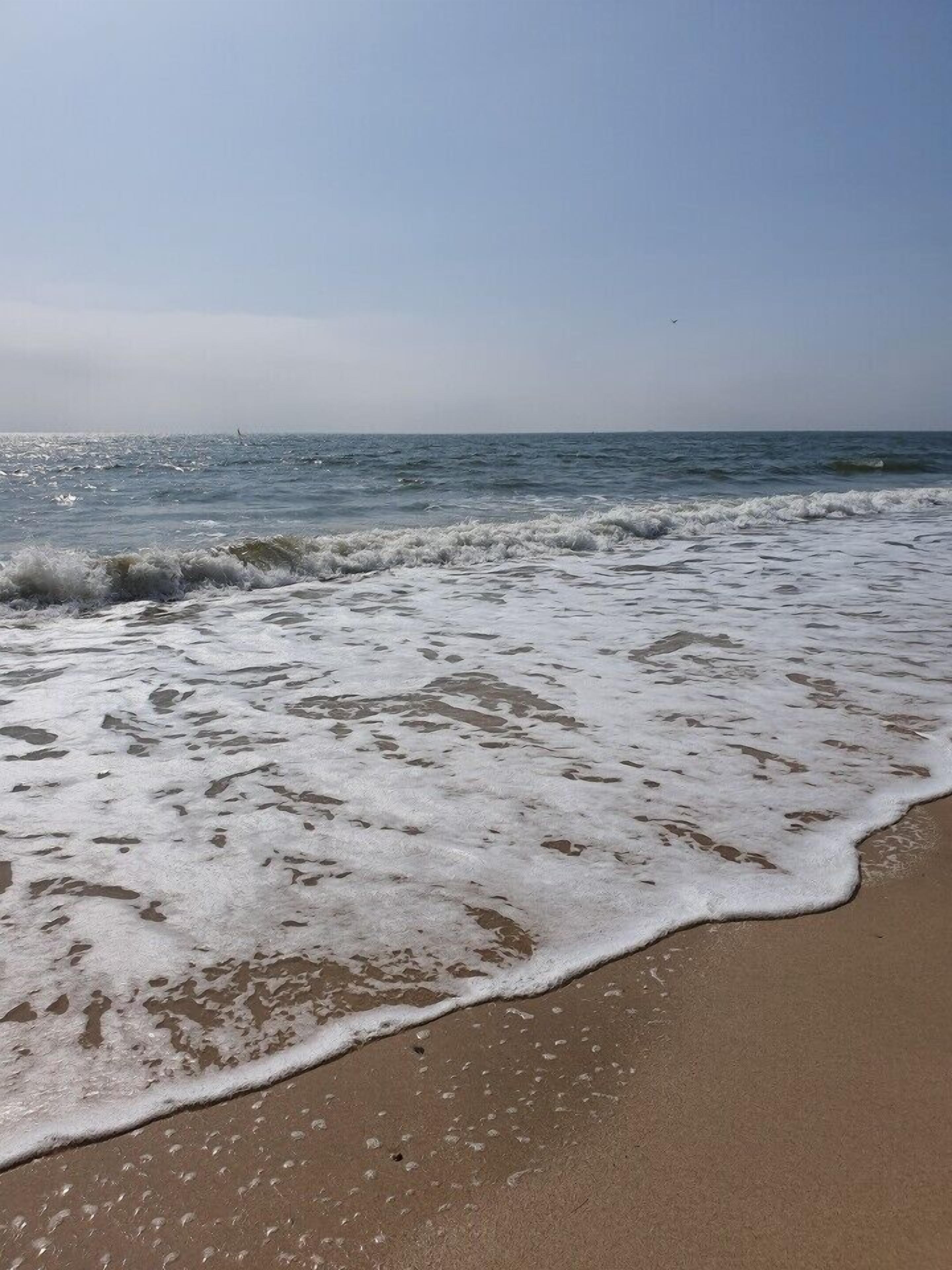 A beach with waves gently lapping onto the shore.