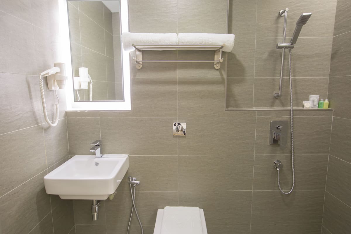 free toiletries, hair dryer, towels