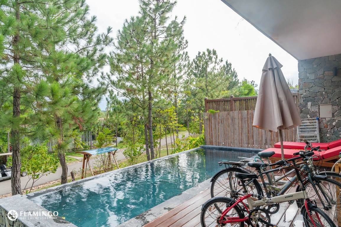 Zona de piscina exterior con bicicletas, una terraza de madera y un muro de piedra.