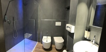 A modern bathroom with a glass-enclosed shower, a bidet, a toilet, and a sink with a mirror.