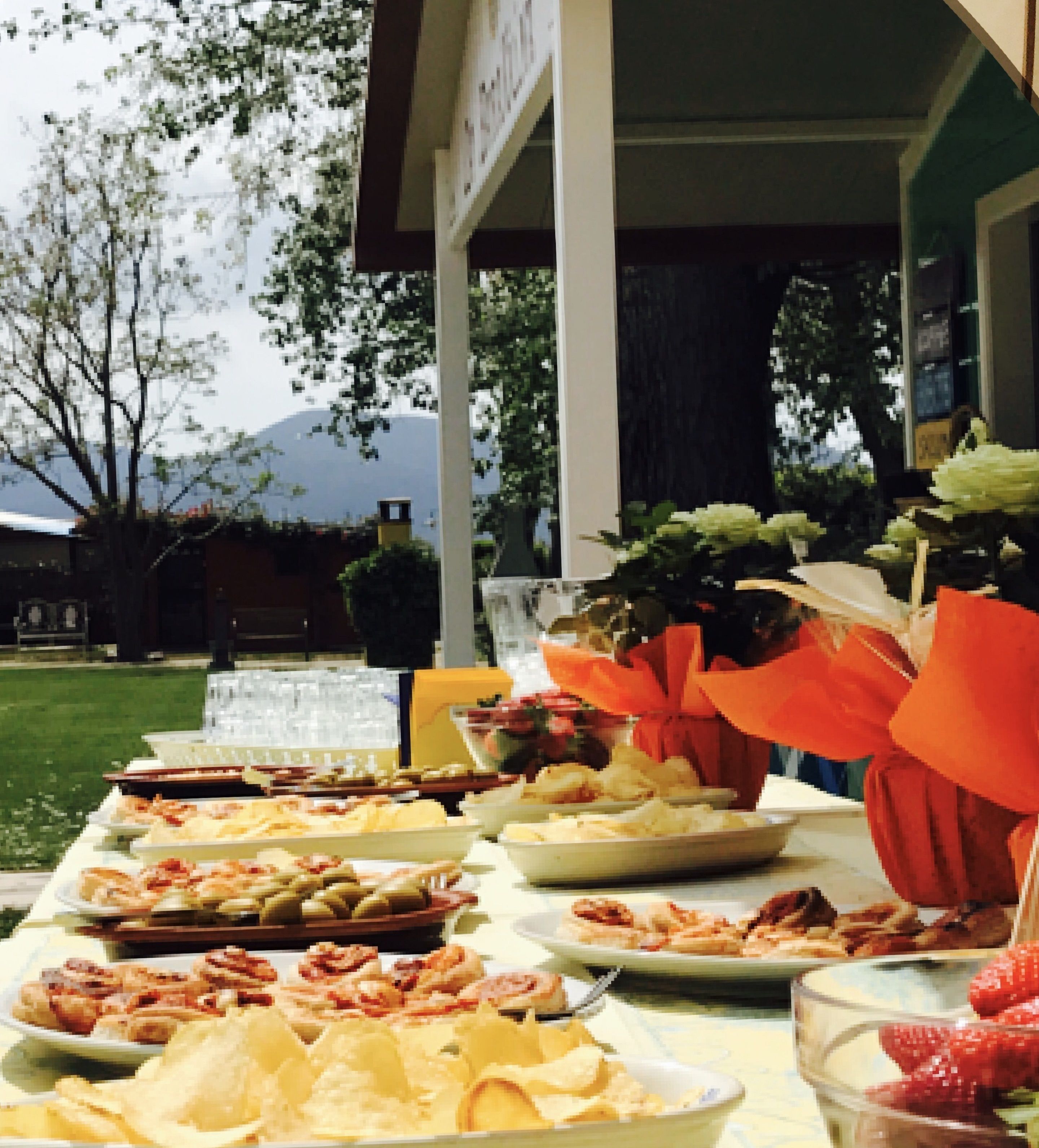A buffet table with various dishes, a potted plant, and a glass of water.
