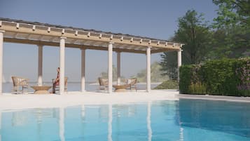 Seasonal outdoor pool, pool umbrellas, sun loungers