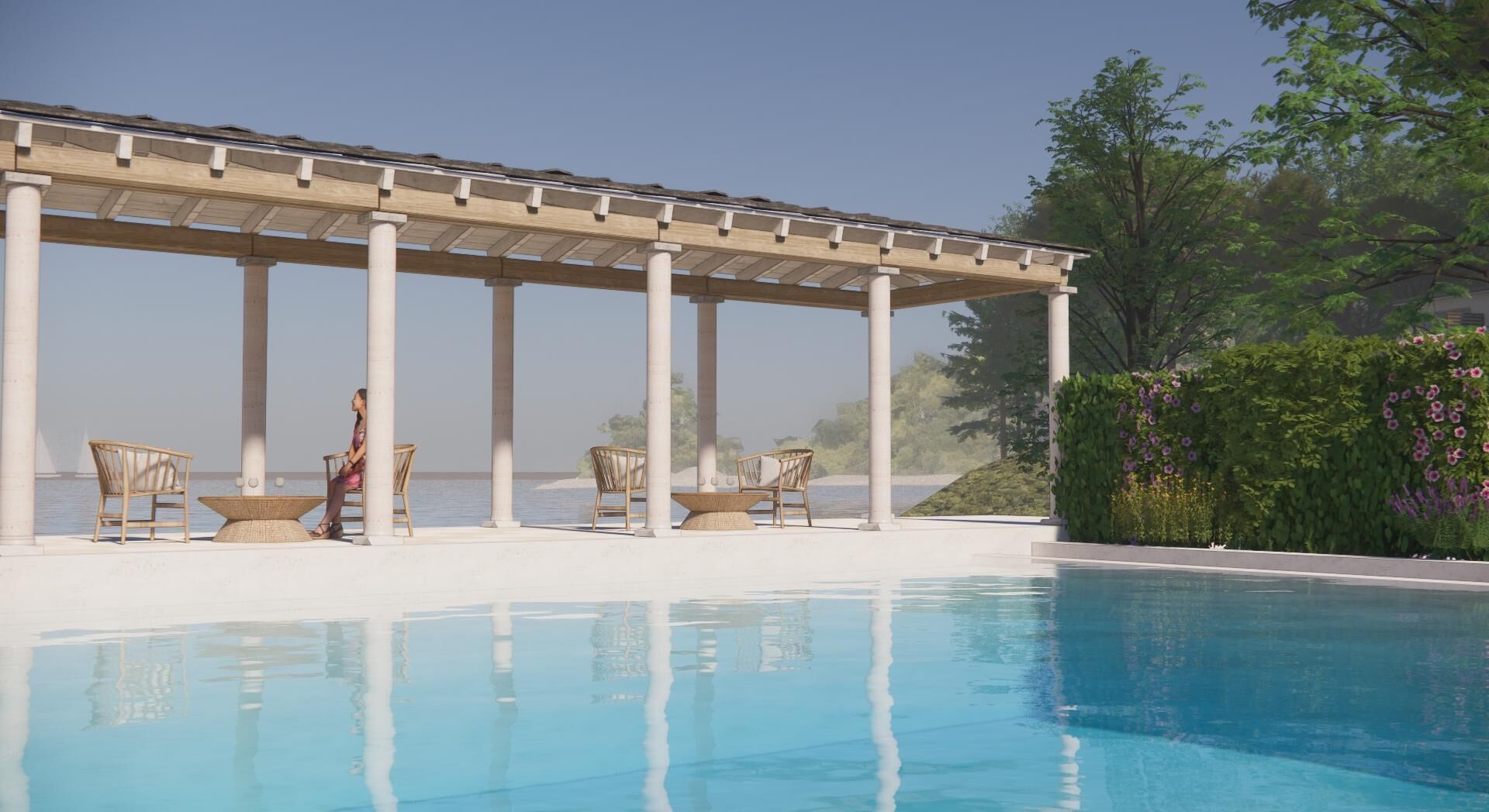 Seasonal outdoor pool, pool umbrellas, pool loungers