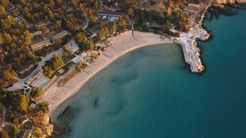 On the beach, sun-loungers, beach umbrellas, beach towels