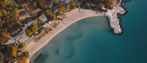 On the beach, sun-loungers, beach umbrellas, beach towels