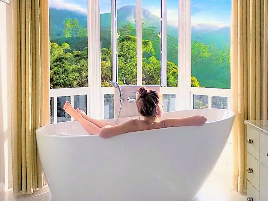 A person relaxing in a bathtub with a view of a forest through large windows.