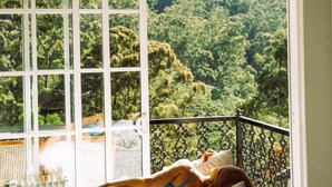 A person lying on a bed with a view of a lush green landscape through a large window. - Luxe Wilderness (Nuwara Eliya)