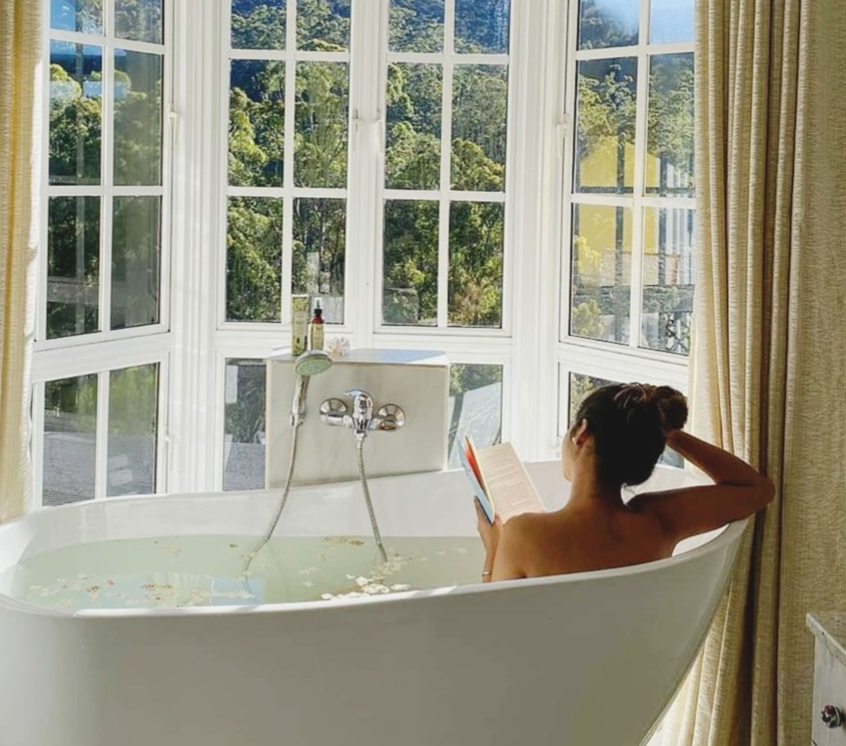 Una bañera con vistas a árboles a través de amplias ventanas.