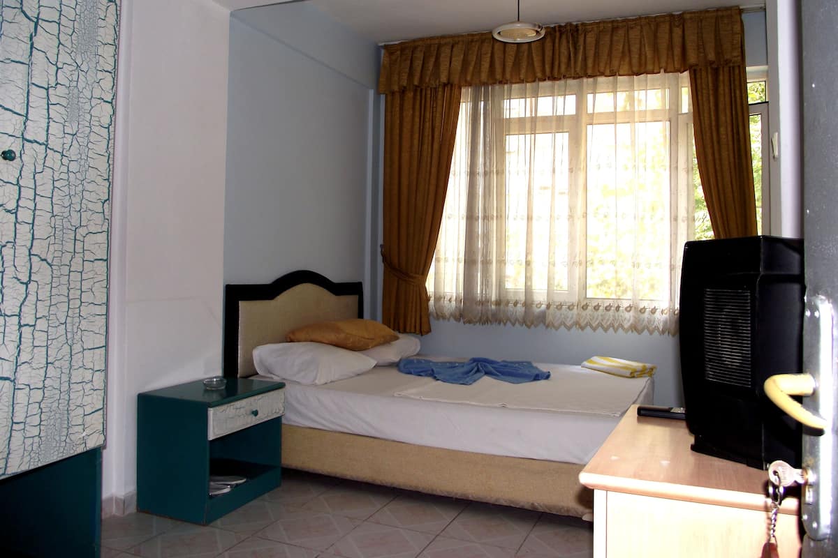 A bedroom with a bed, a nightstand, a desk, and a television.