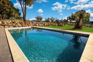 Seasonal outdoor pool, pool loungers