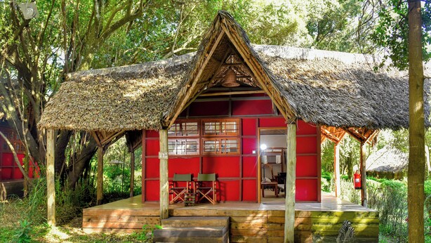 A thatched-roof hut with a red exterior and wooden steps leading to a porch. - Mara Chui Resort (Maasai Mara)