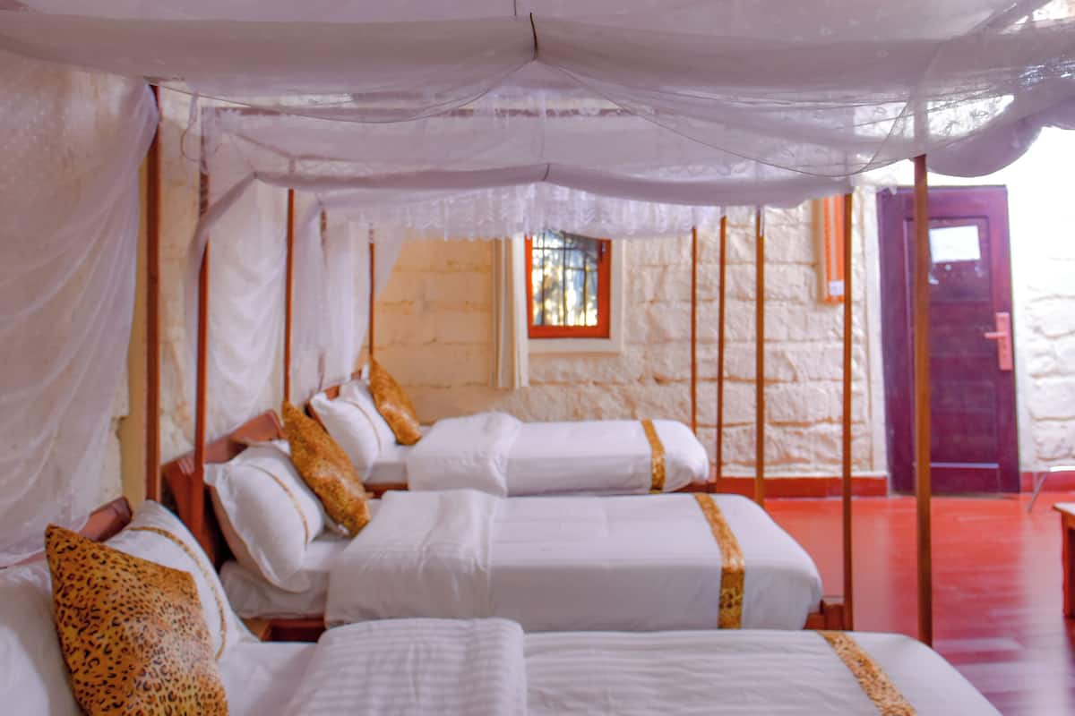 A room with two beds, each with white linens and a leopard print pillow. The room has a thatched roof and a red door.