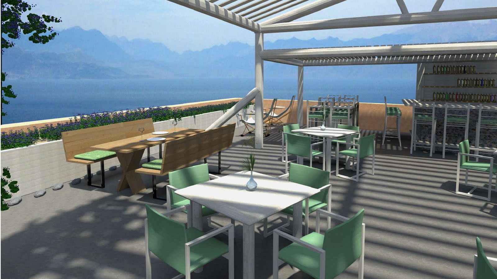 An outdoor seating area with tables and chairs, a wooden bench, and a pergola structure.