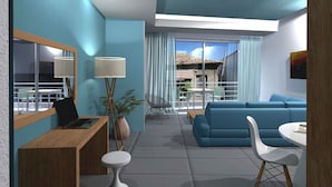 A modern living room with a blue sofa, a wooden desk, a white chair, and a dining table. - Derveni Luxury Apartments  (Xylokastro-Evrostina)