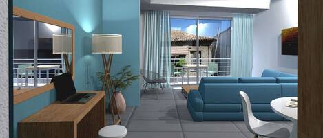 A modern living room with a blue sofa, a wooden desk, a white chair, and a dining table.