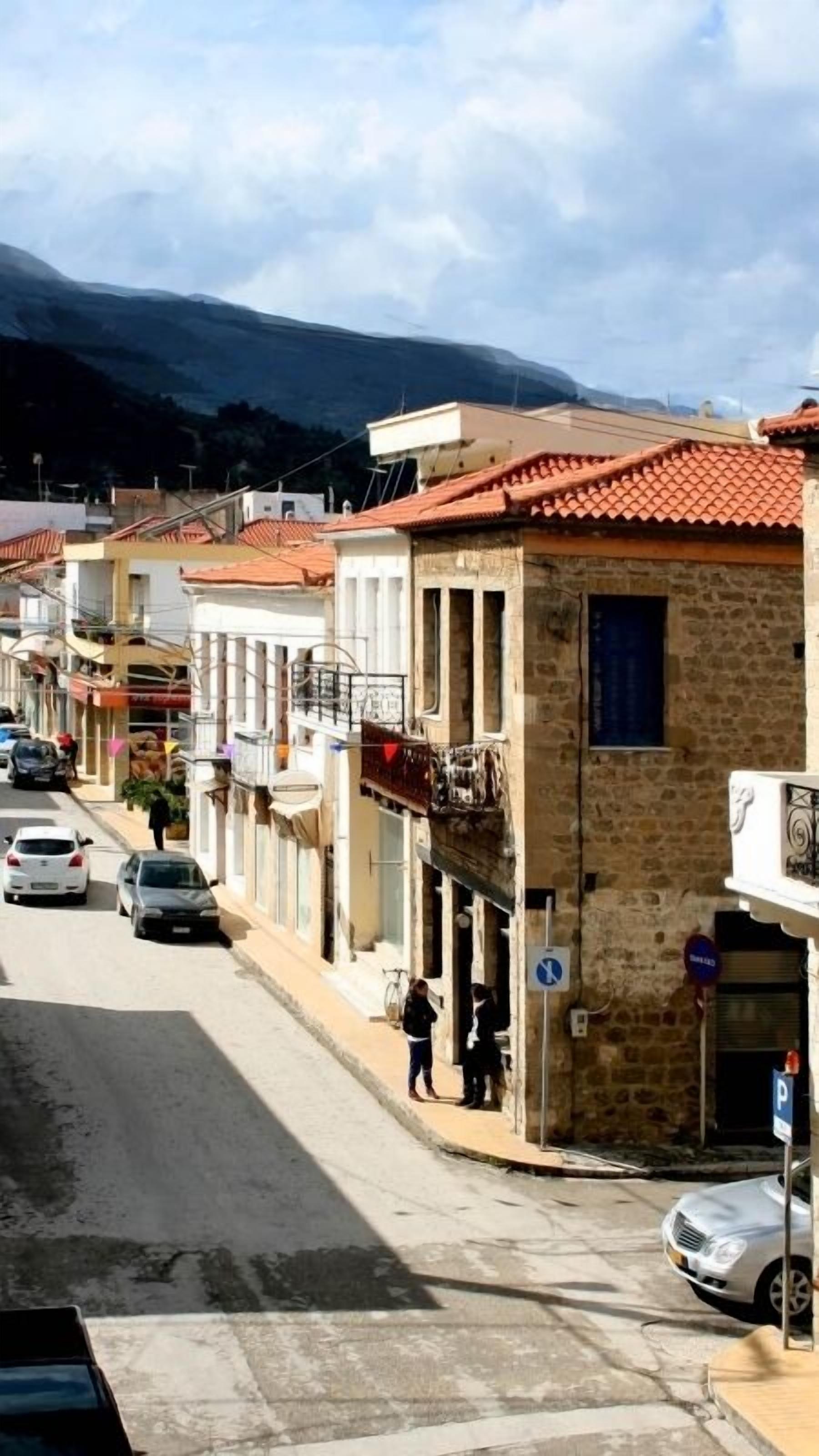 Vista callejera con edificios, coches y una montaña al fondo.
