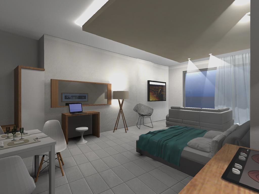 A modern, well-lit room with a bed, a desk, a chair, and a window.