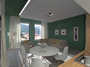 A modern living room with a round dining table, white chairs, a sofa, and a view of the outdoors. - Derveni Luxury Apartments  (Xylokastro-Evrostina)