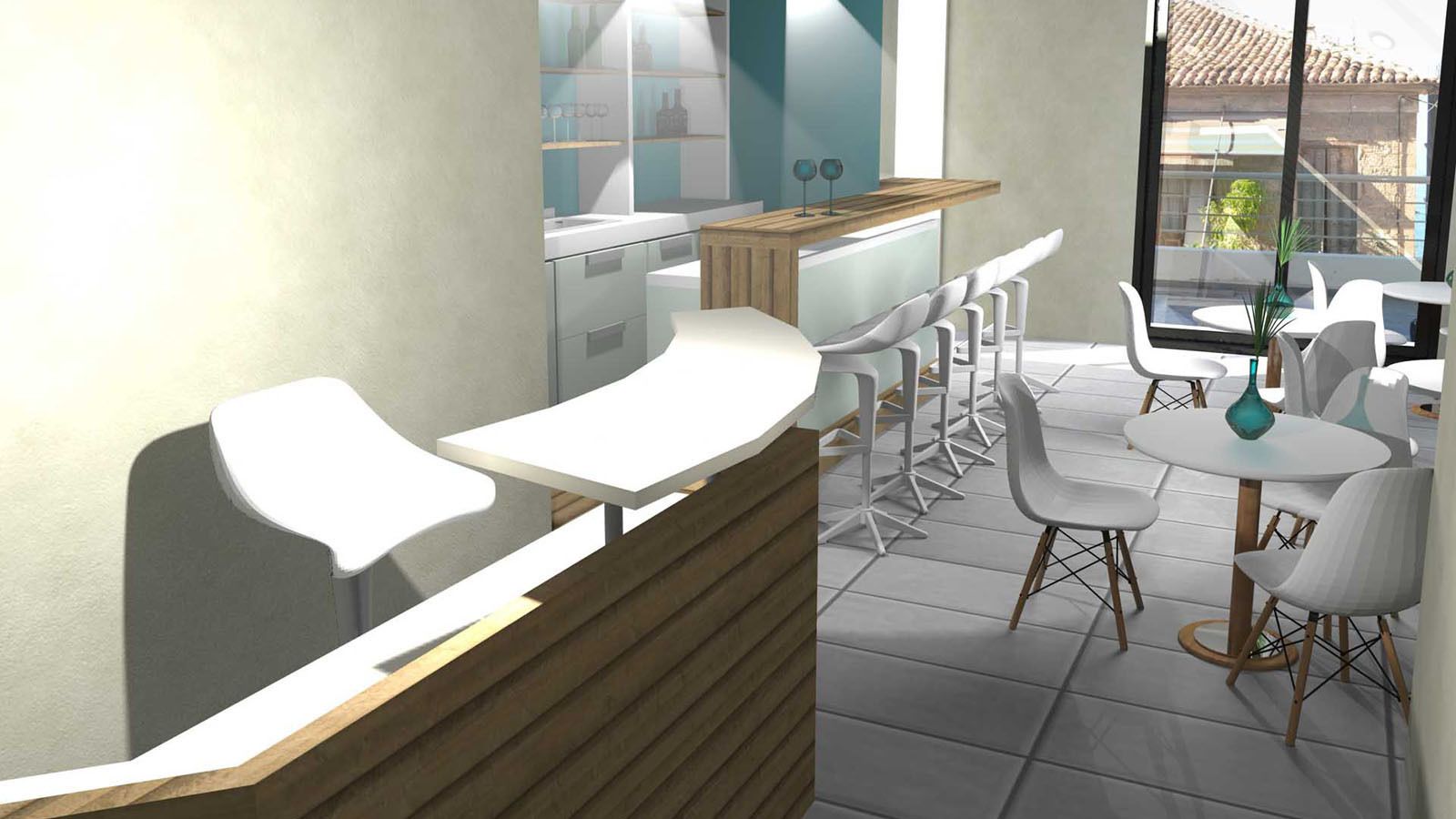 A modern kitchen with white cabinets, a wooden countertop, and a built-in oven. There are white chairs around a small dining table.