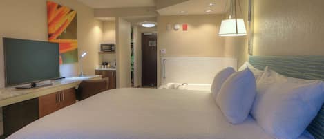 Desk, laptop workspace, blackout curtains, iron/ironing board